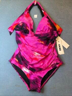 DKNY Hot Pink & Black Halter One-Piece Swimsuit with Orange Accents NWT